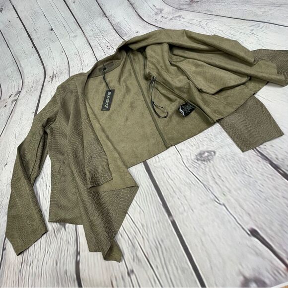 BLANK NYC olive green faux suede snake print open front drape jacket NWT, size L - Picture 5 of 12
